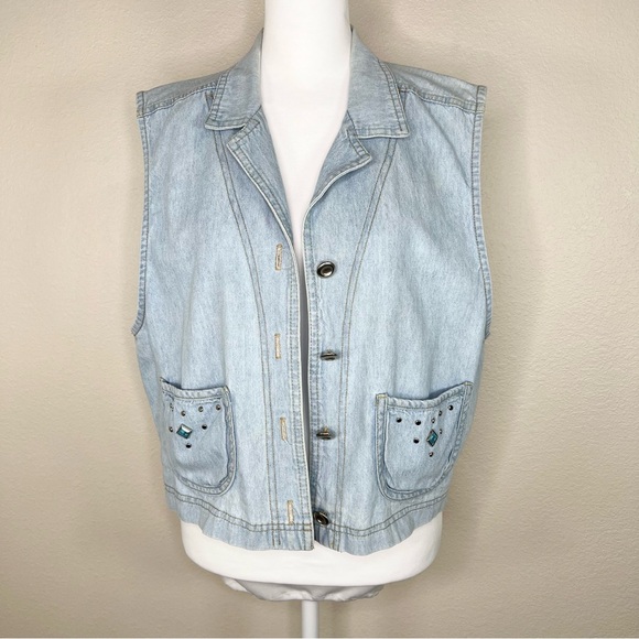 Vintage Nina Piccalino Light Wash Denim Cotton Boho Southwestern Studded Vest - Picture 2 of 12